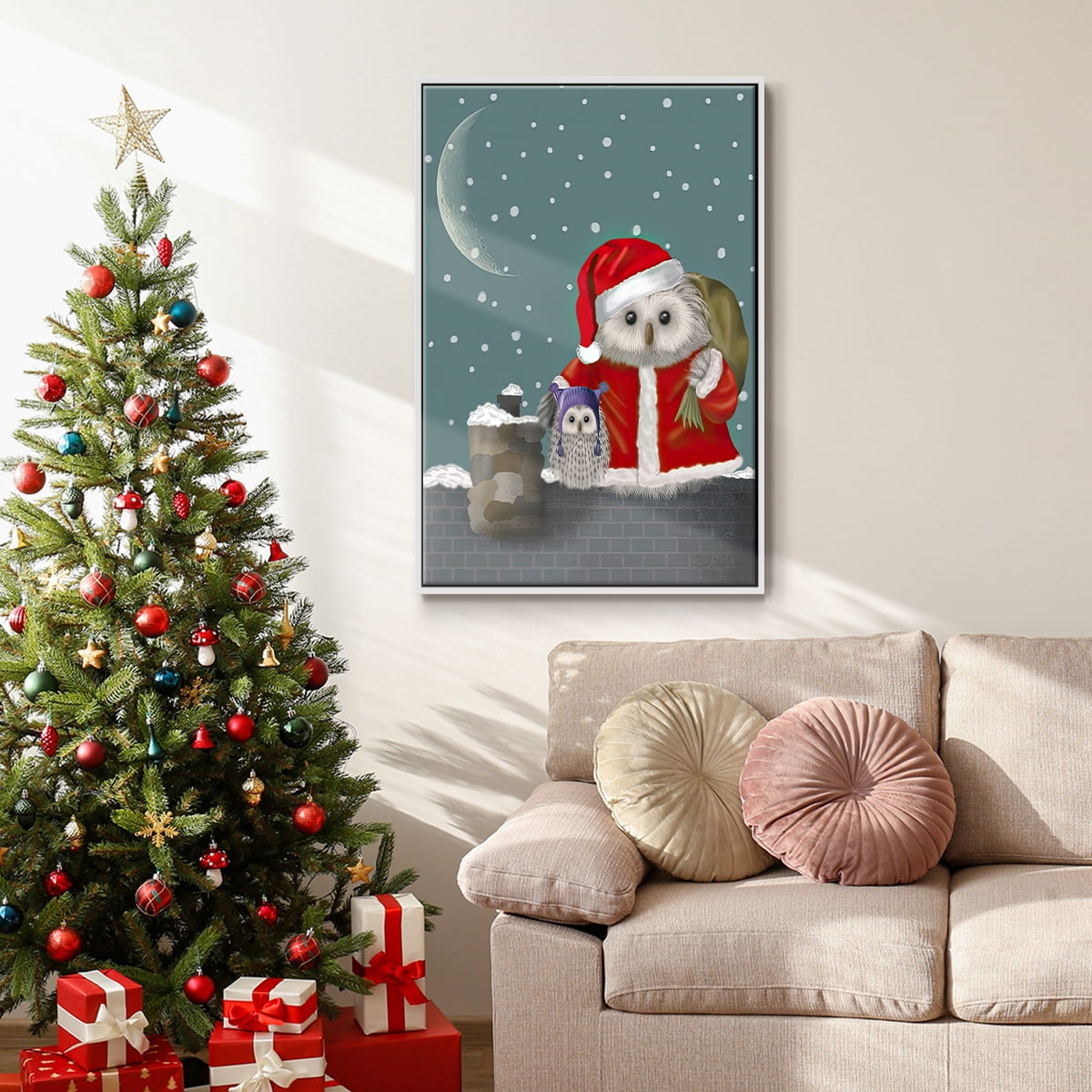 Christmas Santa Owl - Framed Gallery Wrapped Holiday Canvas - 17 x 25 - White Frame