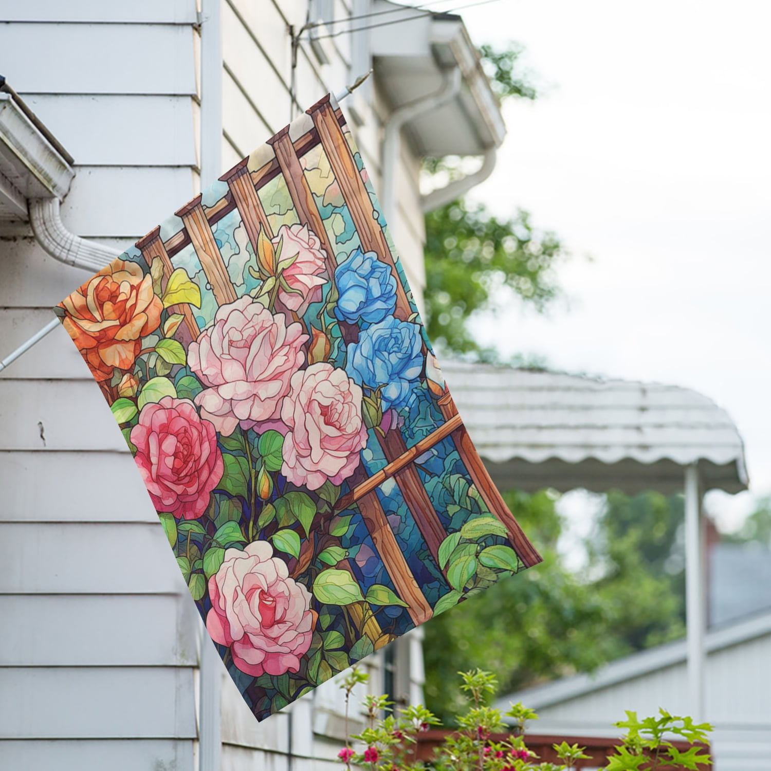 America Forever Rose Arbor House Flag, 28 x 40 inch Double Sided, Stained Glass Rose Trellis Garden, Climbing Rose Arbor Outdoor Decorative Flag