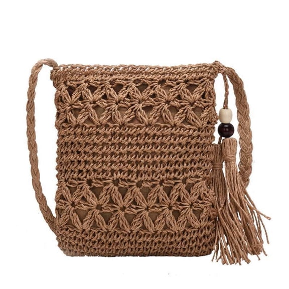 HMSHA Women Beach Woven Straw Shoulder Messenger Bag with Tassel Boho Hollow Out Crochet Crossbody Handbag Macrame Clutch Purse with Zipper