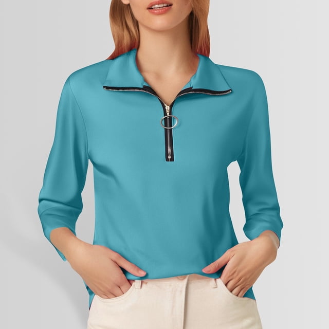 MHFRRA Camiseta de Manga Larga de Color Liso con Media Cremallera, Moderna e Informal, para Mujer Verde