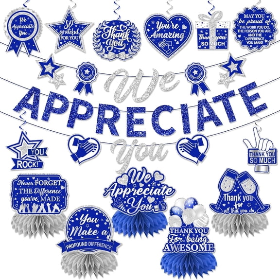 We Appreciate You Decorations, Blue Silver Thank You Decorations includes We Appreciate You Banner and Employee Appreciation Table Decorations and Hanging Swirls for Pastor Appreciation Decorations