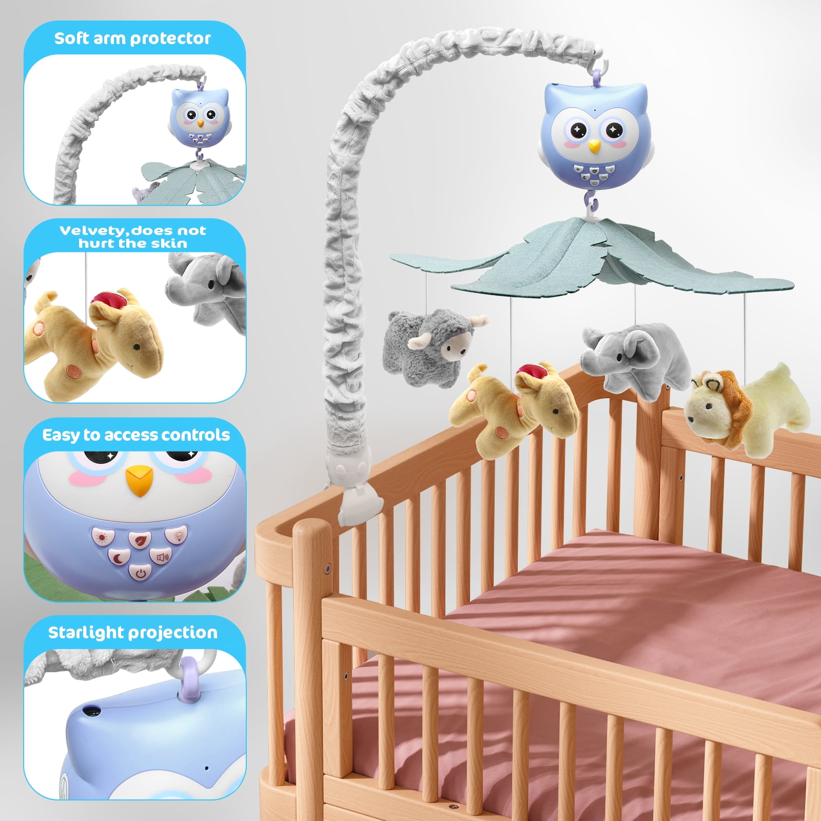 SUMWE Baby Crib Mobile with Music and Lights for Boys Musical Mobile Animals for Crib Bassinet Girls Toys Hanging Portable Safari Nursery Decor Blue