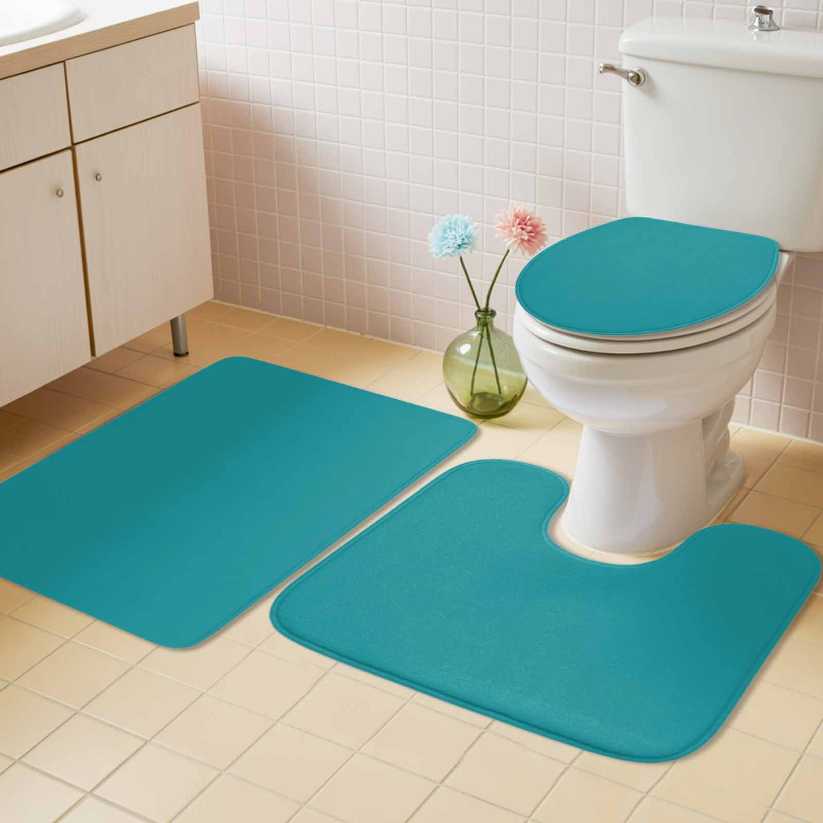 Teal Bath Mat 3 Piece Bathroom Rug Set, Turquoise Pure Teal Non Slip Bath Rug Contour Mat and Toilet Lid Cover, Absorbent Shower Mats Soft Bath Rugs and Mats Sets