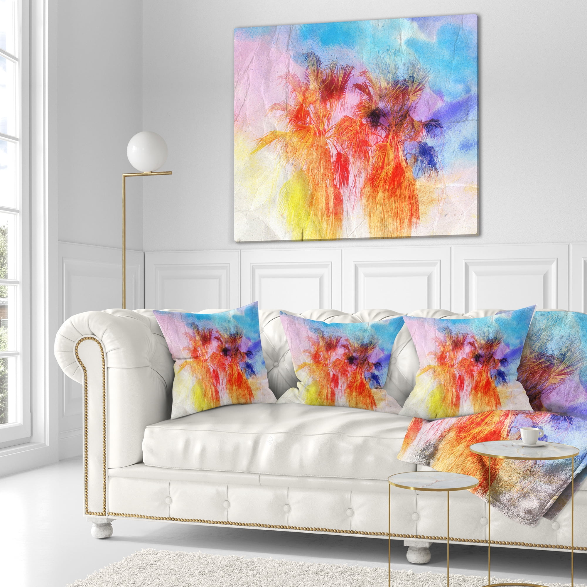 Designart Colorful Retro Palm Trees - Landscape Painting Throw Pillow - 18x18