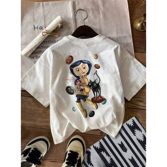 1pc Girls Button Kitten Graphic T-Shirt, Casual Crew Neck Short Sleeve For Summer, Inspiring Imaginative And Self-Expression