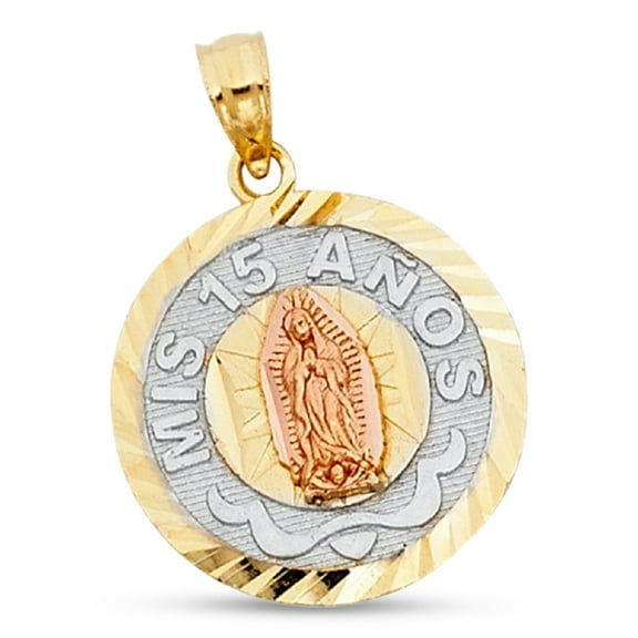 Solid 14k Tri Tone Gold Mis 15 Anos Pendant Sweet 15 Years Medal Charm Polished Genuine Diamond Cut New 18 mm x 18 mm