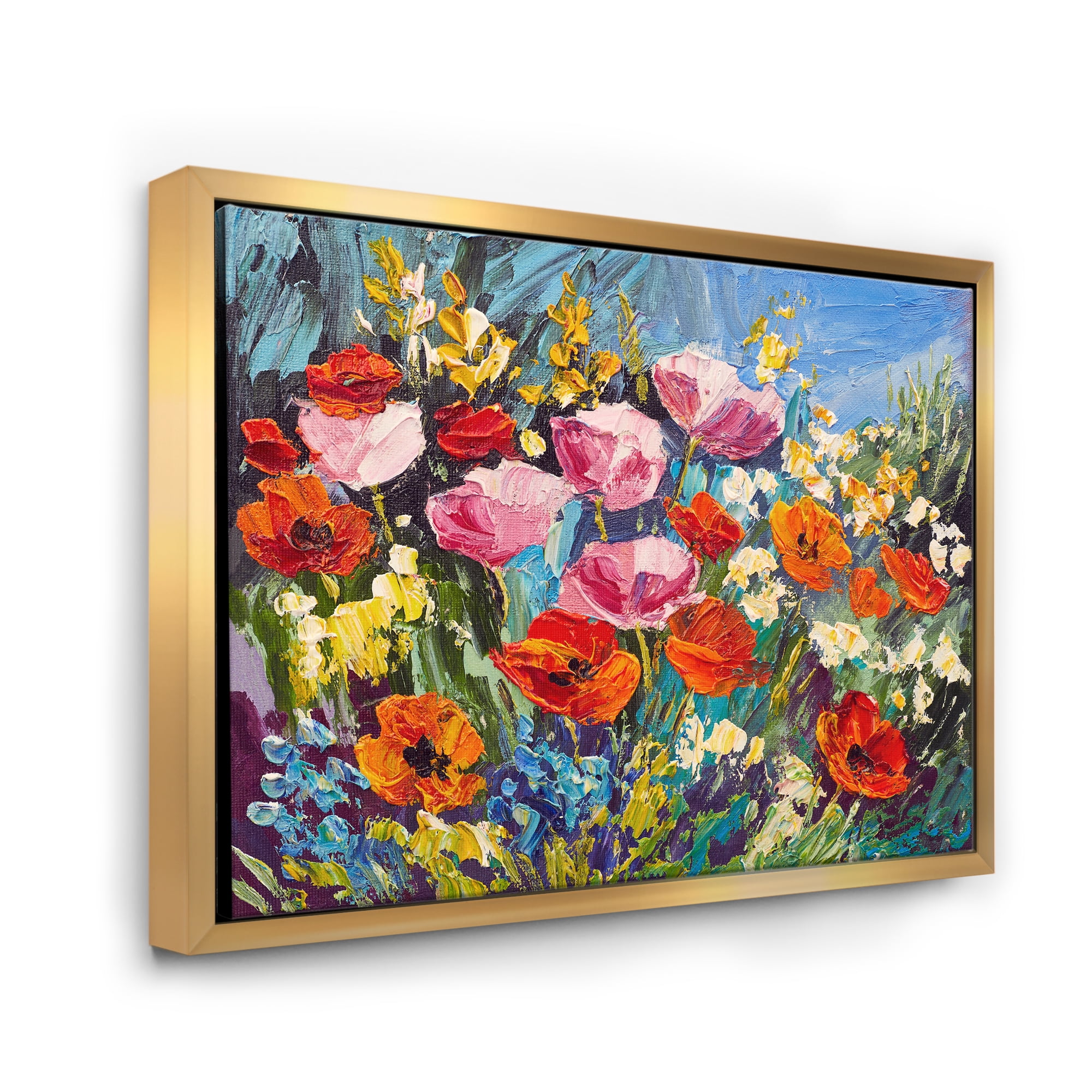 Colorful Spring Poppies In Field 20 in x 12 in Framed Painting Canvas Art Print, by Designart