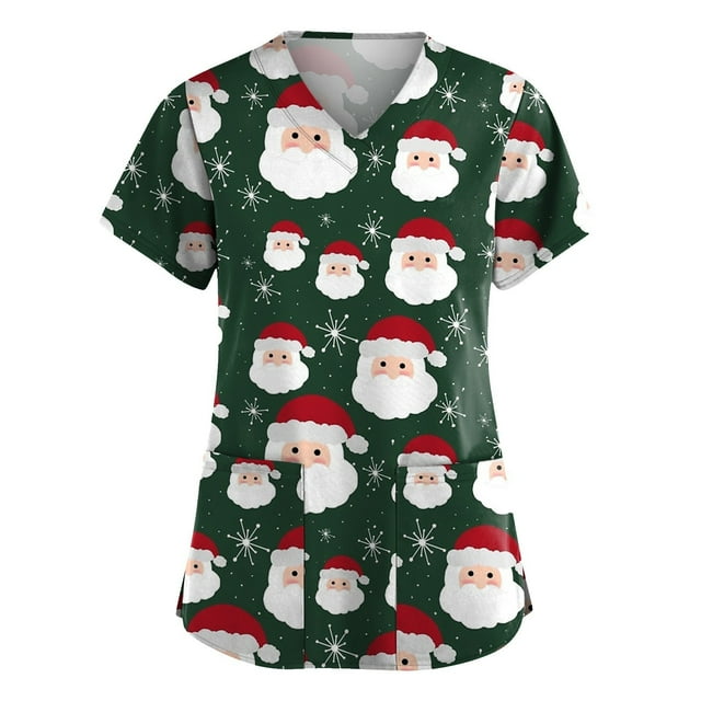 LSLJS Blouse de Noël pour Femmes à Manches Courtes Col en V Uniforme de Travail avec Poche, Blouse de Noël