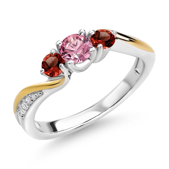 Gem Stone King 925 Silver and 10K Yellow Gold Pink and White Lab Grown Diamond Red Garnet 3 Stone Engagement Ring for Women (0.58 Cttw, April Birthstone, Size 7)