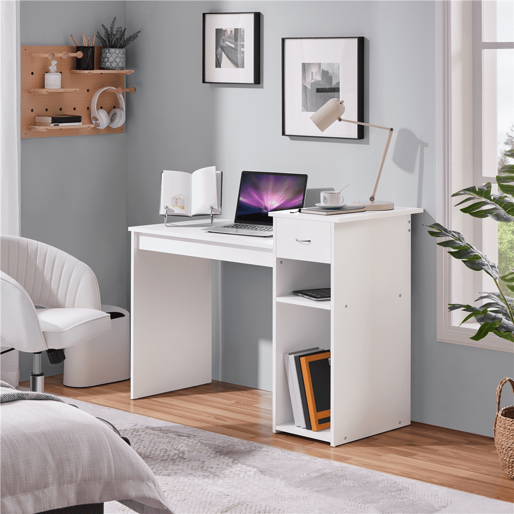 Yaheetech Computer Desk Laptop Table with Drawer & Shelves Home Office, White
