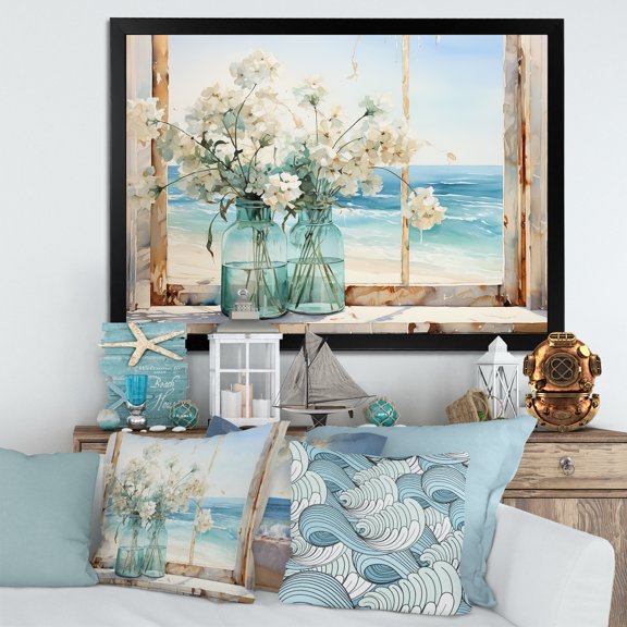 Designart "Beachfront View Blooms through Blue Window I" Coastal Framed Wall Art Decor - Coastal Blue Coastal Windows Living Room Framed Canvas Art
