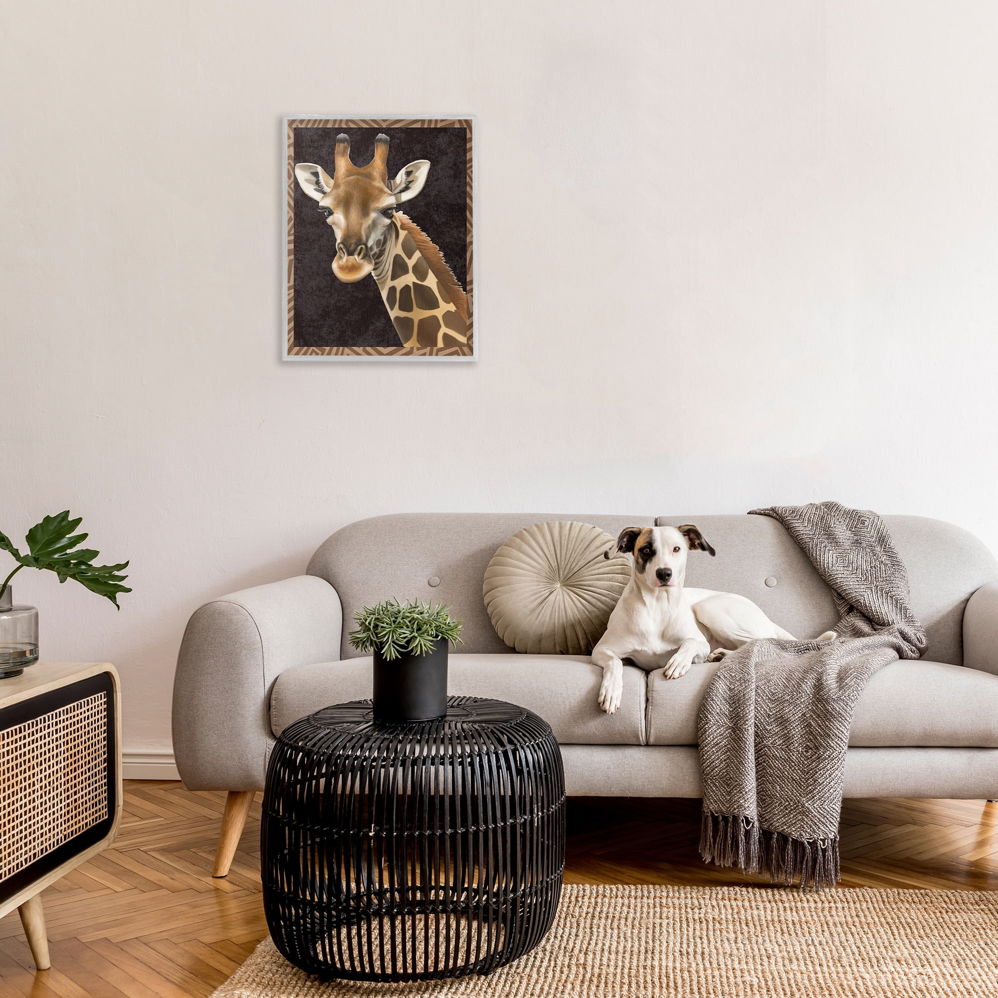 Stupell Industries Giraffe with Geometric Border Animals & Insects Painting Gray Framed Art Print Wall Art, 24 x 30