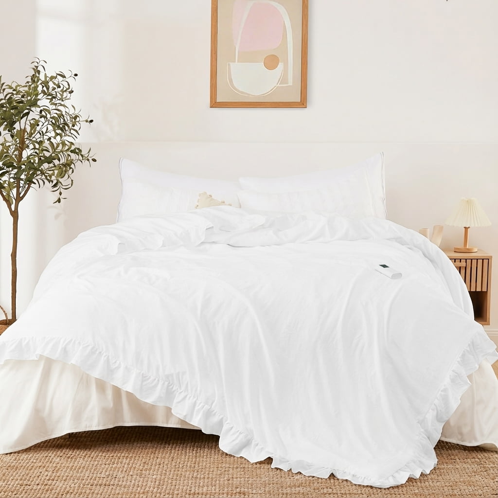GARVEE Oversized Heated Comforter Blanket,104"X90" Cal King Size Ruffle Electric Quilt with Wireless LCD Controller,6 Heat Levels&1-10H Timer,ETL Certified,White