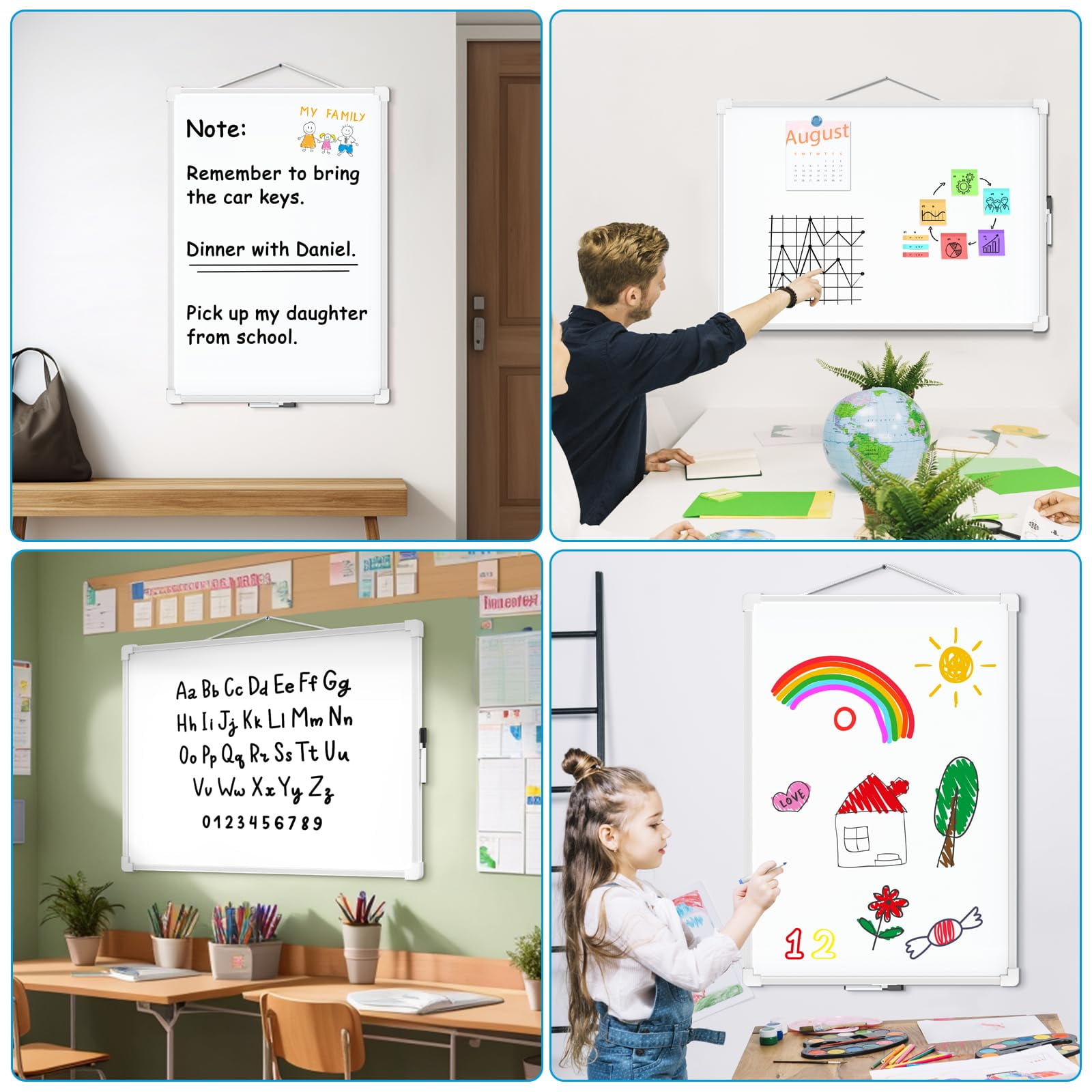 Tableau Blanc Effaçable à Sec MaxGear Double Face 16x12 Pouces - Pour Mur, Petit Format, Plastique Blanc