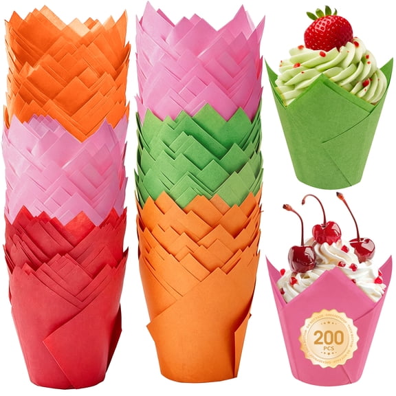 ReLuien 200PCS Tulip Cupcake Liners, Baking Paper Cups, Muffin Liners for Baking, Unbleached Parchment Paper Wrappers, Sturdy, Greaseproof