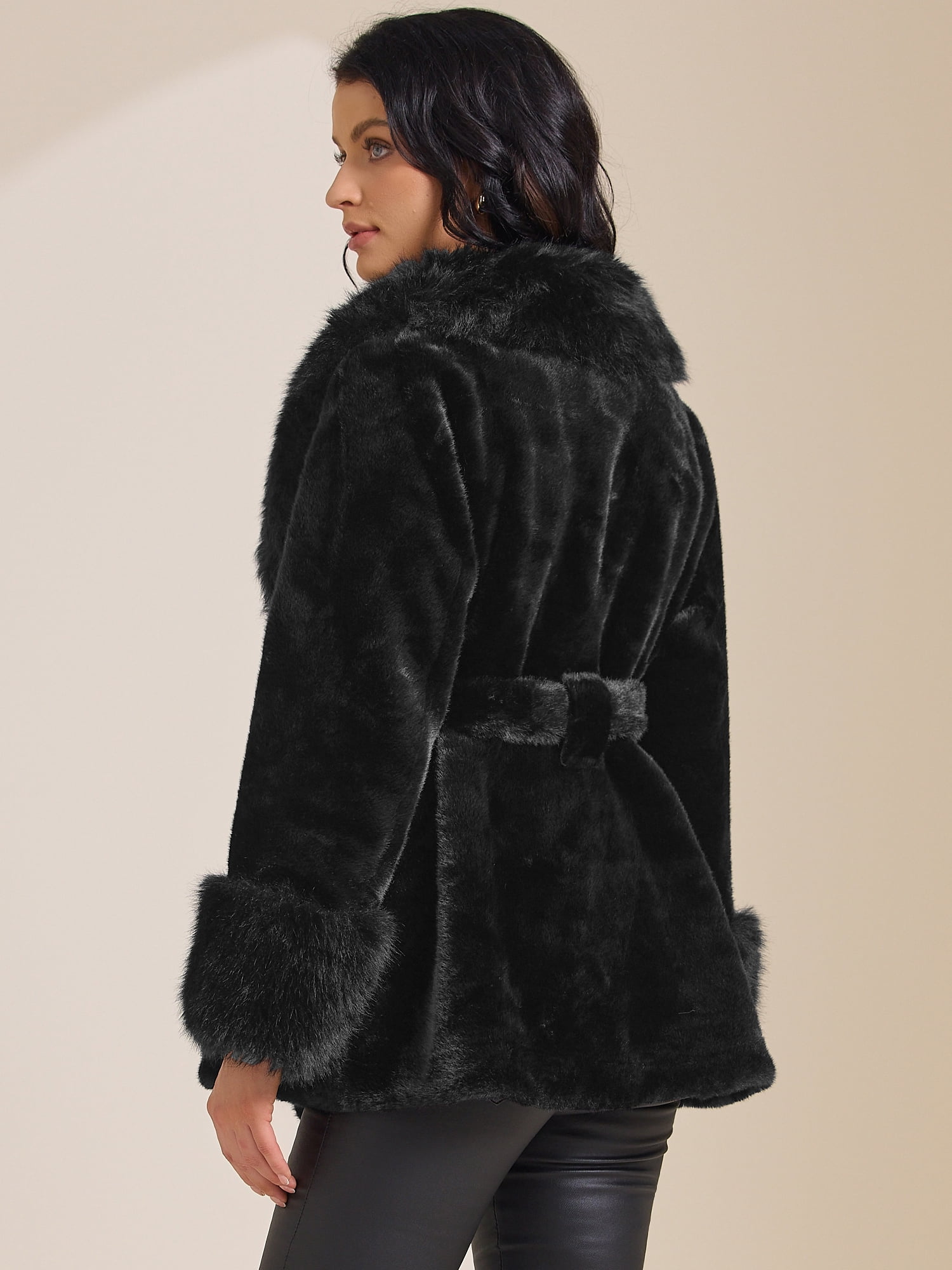 DARING DIVA Women's Faux Fur Long Sleeve Lapel Shaggy Jacket With Pockets L Black