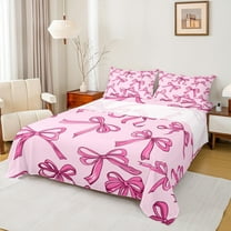 Manfei Dreamy Pink Bowknot Twin Sheet Sets, Kawaii Cute Cartoon Bow Twin Fitted Sheet, Teens Kids Girls Female Flat Sheet, Microfiber Bedroom Decor, 3-Piece