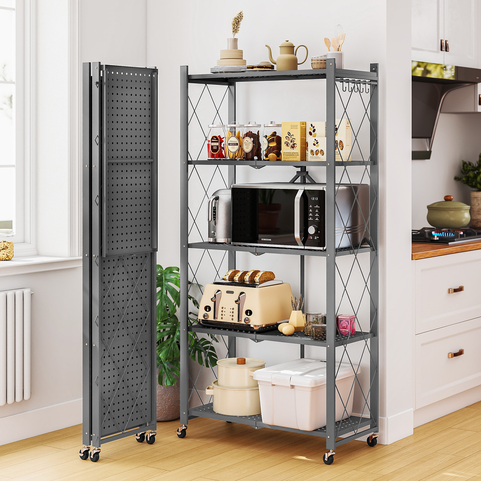 Vebreda 5-Tier Foldable Metal Storage Shelf with Wheels, No-Assembly Collapsible Shelving Unit, Heavy-Duty Rolling Organizer Rack for Kitchen, Garage, Pantry, and Office