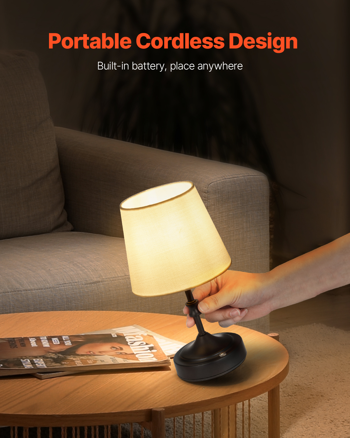VEVOR Cordless Table Lamp, 5200mAh Built-in Rechargeable Battery Small Desk Lamp, 3-Level Brightness, Fabric Shade, 2700-3000K Color Temperature, Table Light for Restaurant, Bedroom, Bars, Black