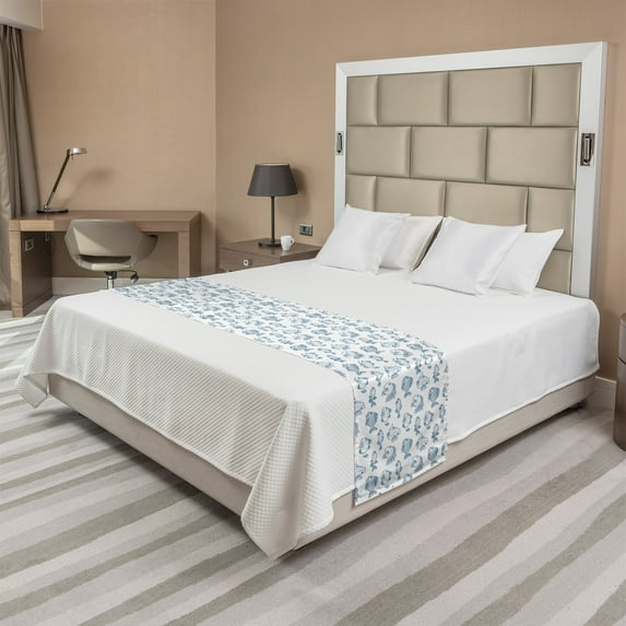 Sea Life Bed Runner, Outline Design of Hand Drawn Fish Shapes and Aquatic Creatures, Decorative Accent Bedding Scarf for Hotels Homes and Guestrooms, King, Dark Sky Blue White, by Ambesonne