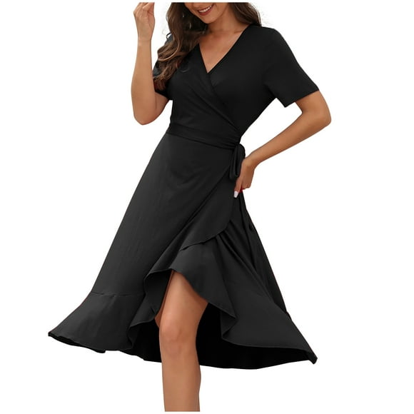 Dresses for Women 2023 Business Casual Wrap V Neck Black Dress Ruffle Hem Tie Waist Summer Beach Flowy Midi Dress