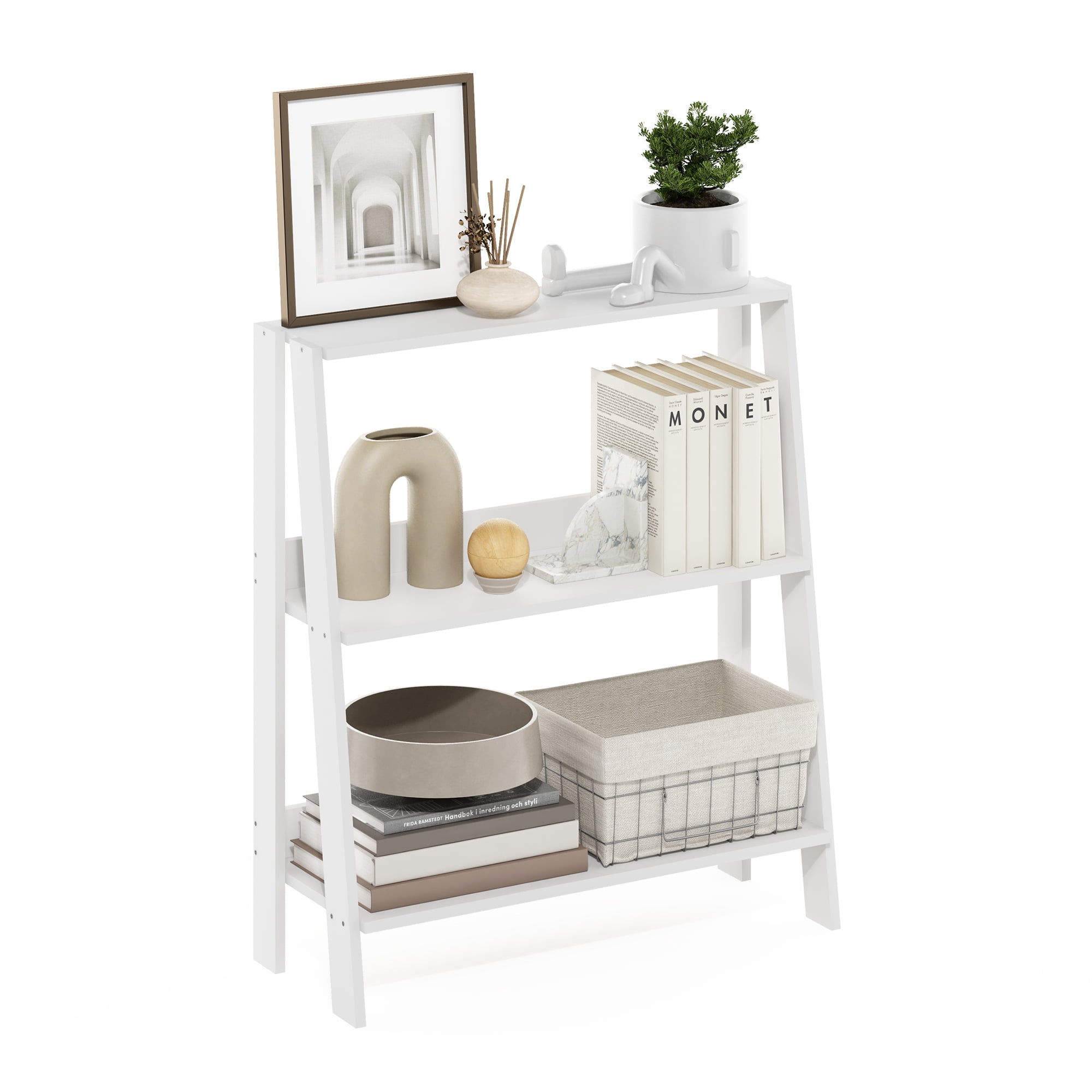 Furinno Ladder Bookcase Display Shelf, 3-Tier, White