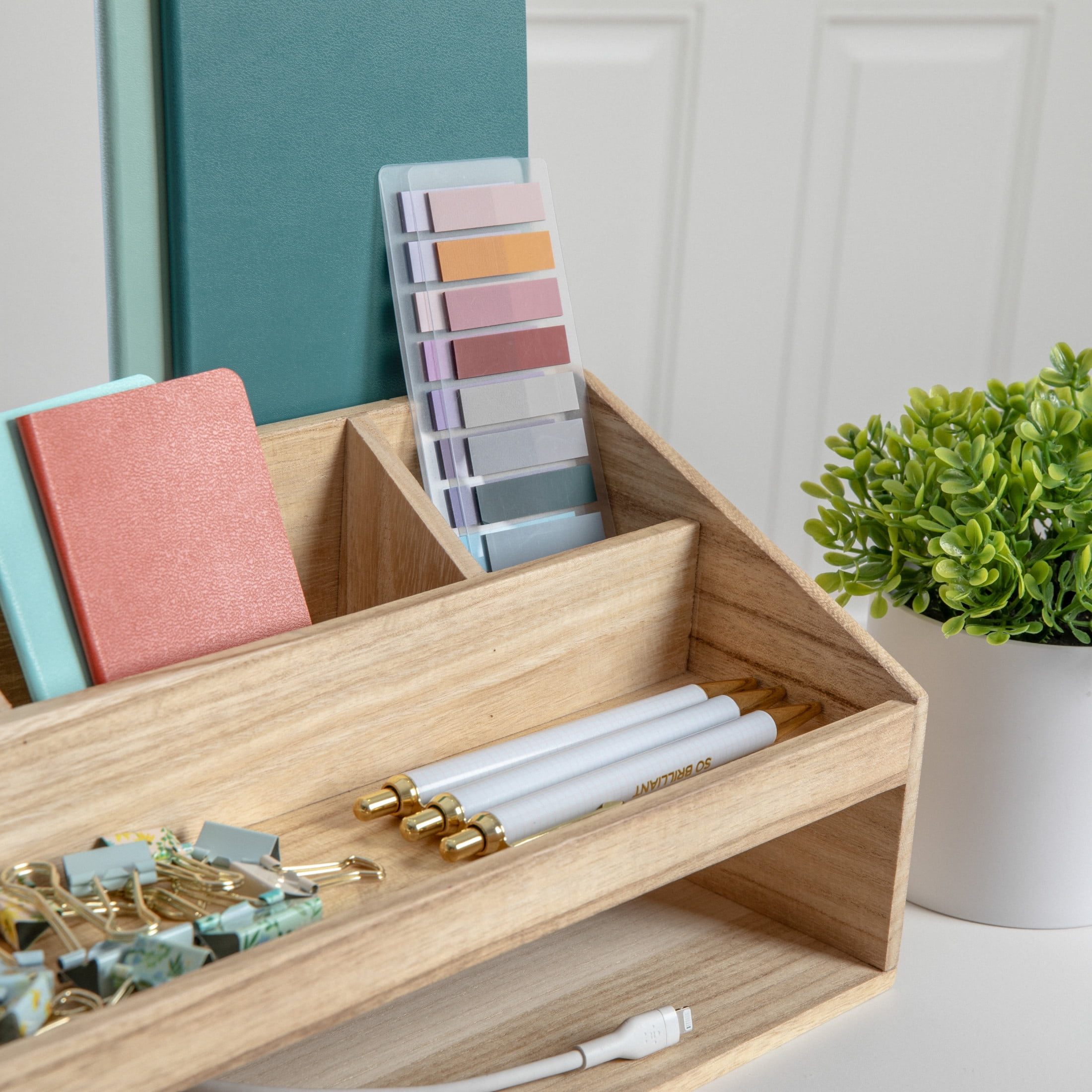 Martha Stewart Weston Wooden Desktop Organizer with Open Lower Storage Compartment, Paulownia Wood Multipurpose Storage Caddy, Light Natural