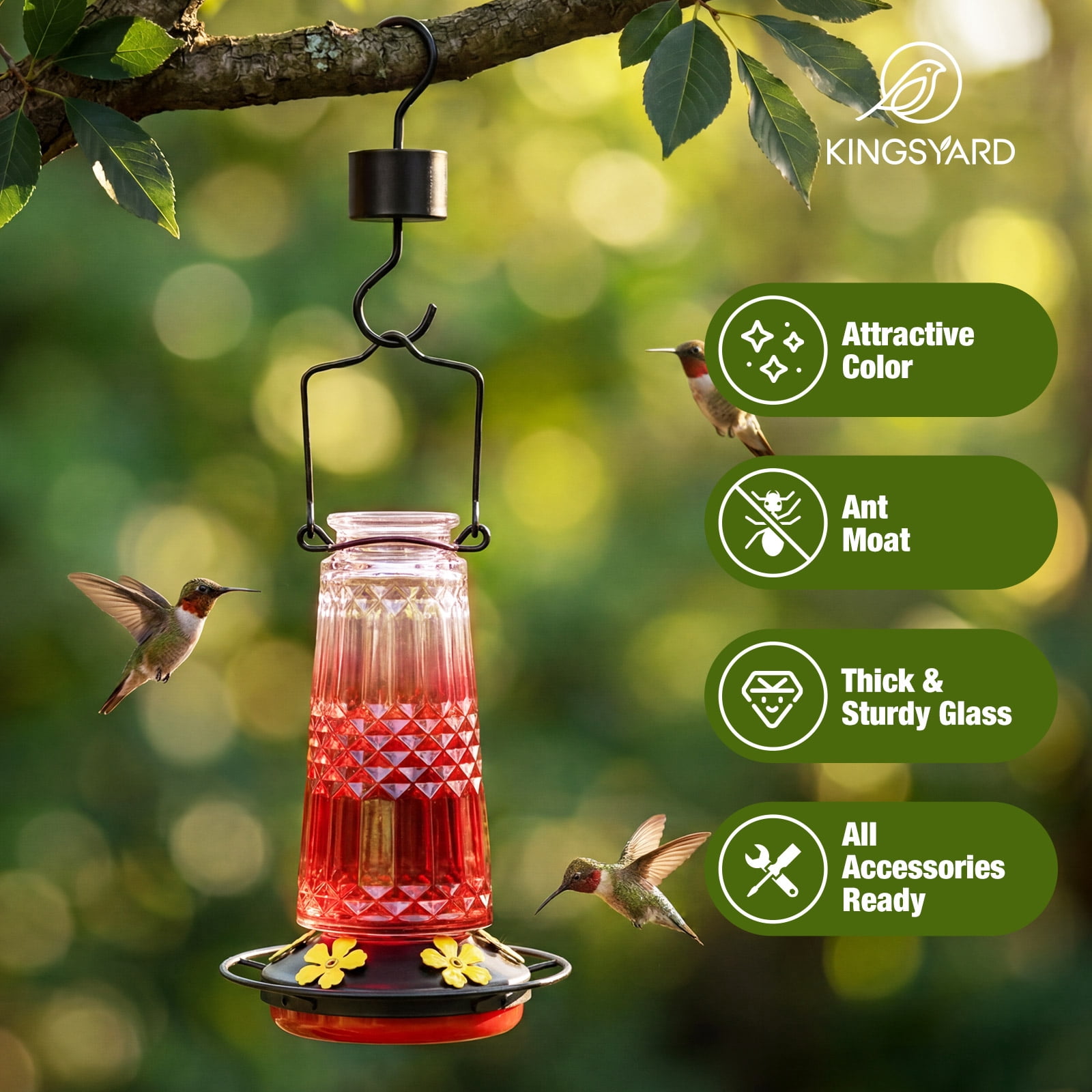 (2 pack) Kingsyard 18.6 oz Red Ombre Glass Hummingbird Feeder, 5 Yellow Ports, Ant Moat Included
