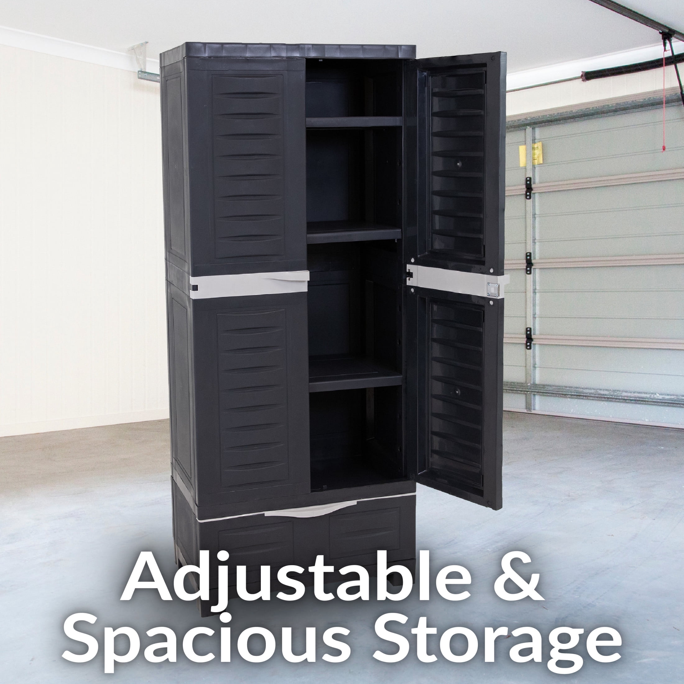 Sunnydaze Lockable Adjustable 57.5" Plastic 3-Shelf 1-Drawer Freestanding Storage Cabinet, Charcoal