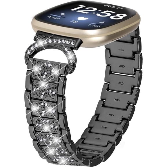 REQO Jewelry Bling Bands for Fitbit Sense 2/Versa 3/Versa 4 Band for Women Men, Replacement Cow Horn Design Diamond Rhinestone Bracelet Metal Strap With adjustment tool for Sense 2/Versa 4