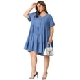 thumbnail image 3 of Women's Plus Size Denim Dress Tiered V Neck Short Sleeve Midi Chambray Dresses Blue 3X, 3 of 7