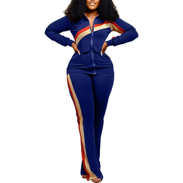 Fashnice Ensemble Deux Pièces pour Femme, Ensemble de Jogger à Taille Élastique, Survêtements à Col à Revers, Chandails de Sport de Jogging + Pantalon, Bleu m