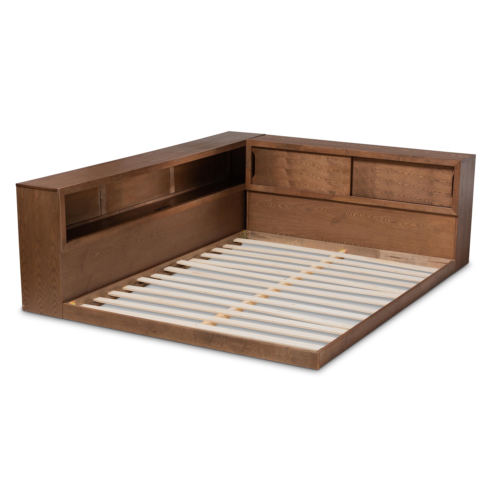 Baxton Studio Erie Modern Rustic Queen Size Platform Bed with Storage and Outlets, Walnut Brown