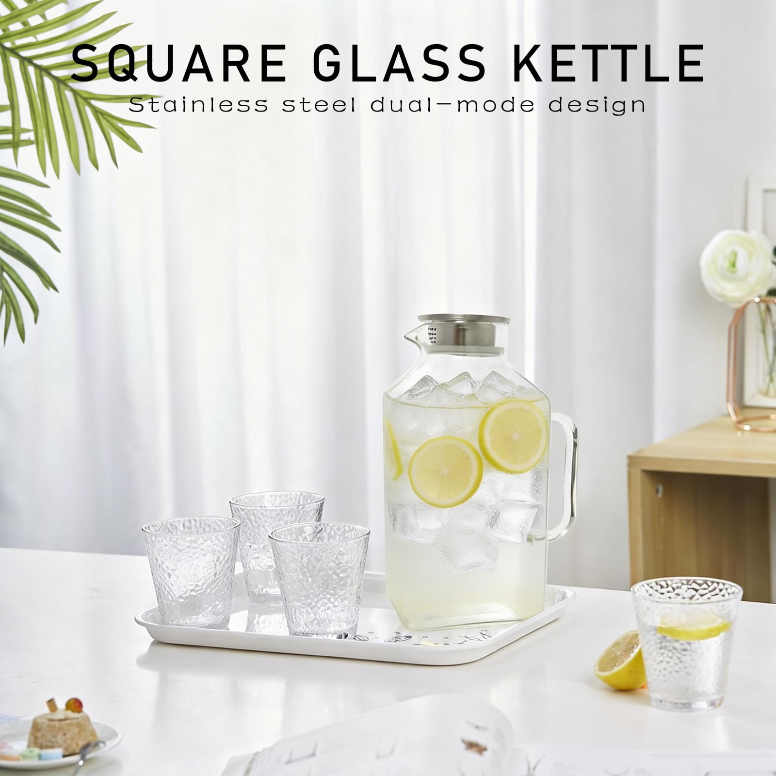 Fkszll 1 Gallon Square Glass Pitcher with Lid and Spout Borosilicate Glass Carafe for Hot/Cold Drink Water Pitcher with Handle for Fridge Large Jug for Iced Tea Coffee Juice Beverage