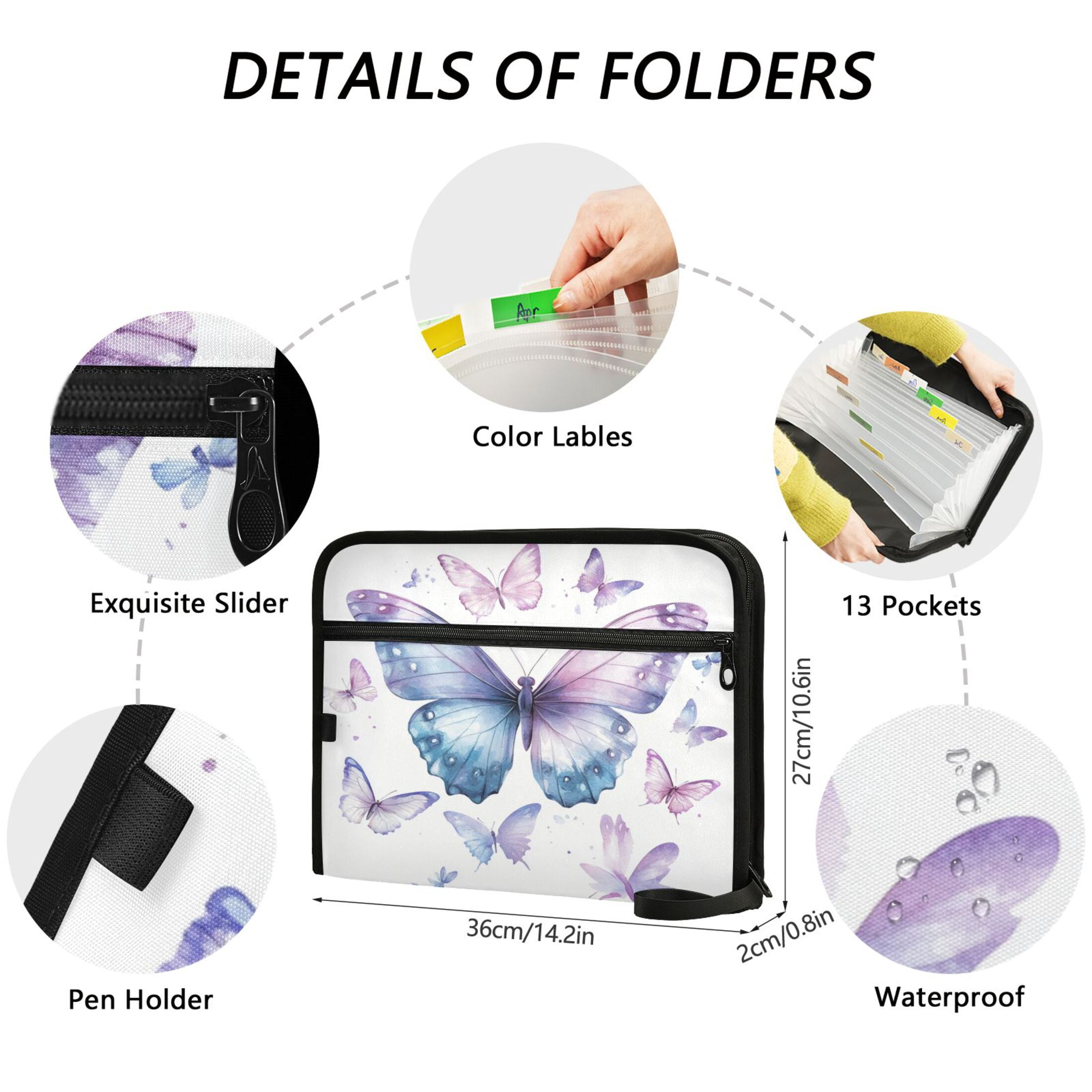 Accordion File Organizer with Zip Closure 13 Pockets Expanding File Folder Letter A4 Paper Document Organizer for Home Office A Flock Of Butterflies