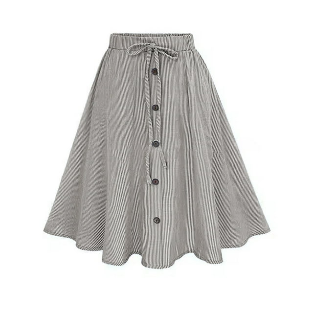 Besolor Summer Midi Skirt for Women Striped Elastic Waist Drawstring Button Front A-Line Flowy Beach Vacation Skirts