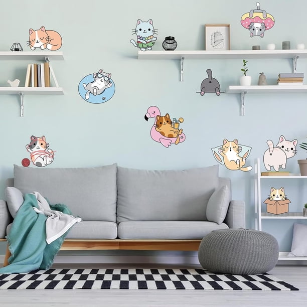 Pegatinas de pared de gatos de dibujos animados, 10 estilos, coloridas y lindas, para decoración de pared, vinilo, papel tapiz, arte para guardería.