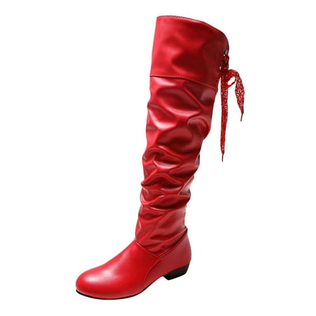 DVKOVI Fall Shoes for Women 2024 Womens Fashion Leather Shoes Ladies Bow Tie Thick Heel Long Boots Fall Winter Women s Knee-High Boots Heel Boots for Women Red 41