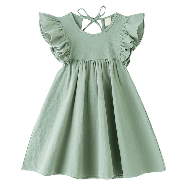 Vestido LYXIOF para niños pequeños, algodón y lino, mangas con volantes, verde, 80 cm