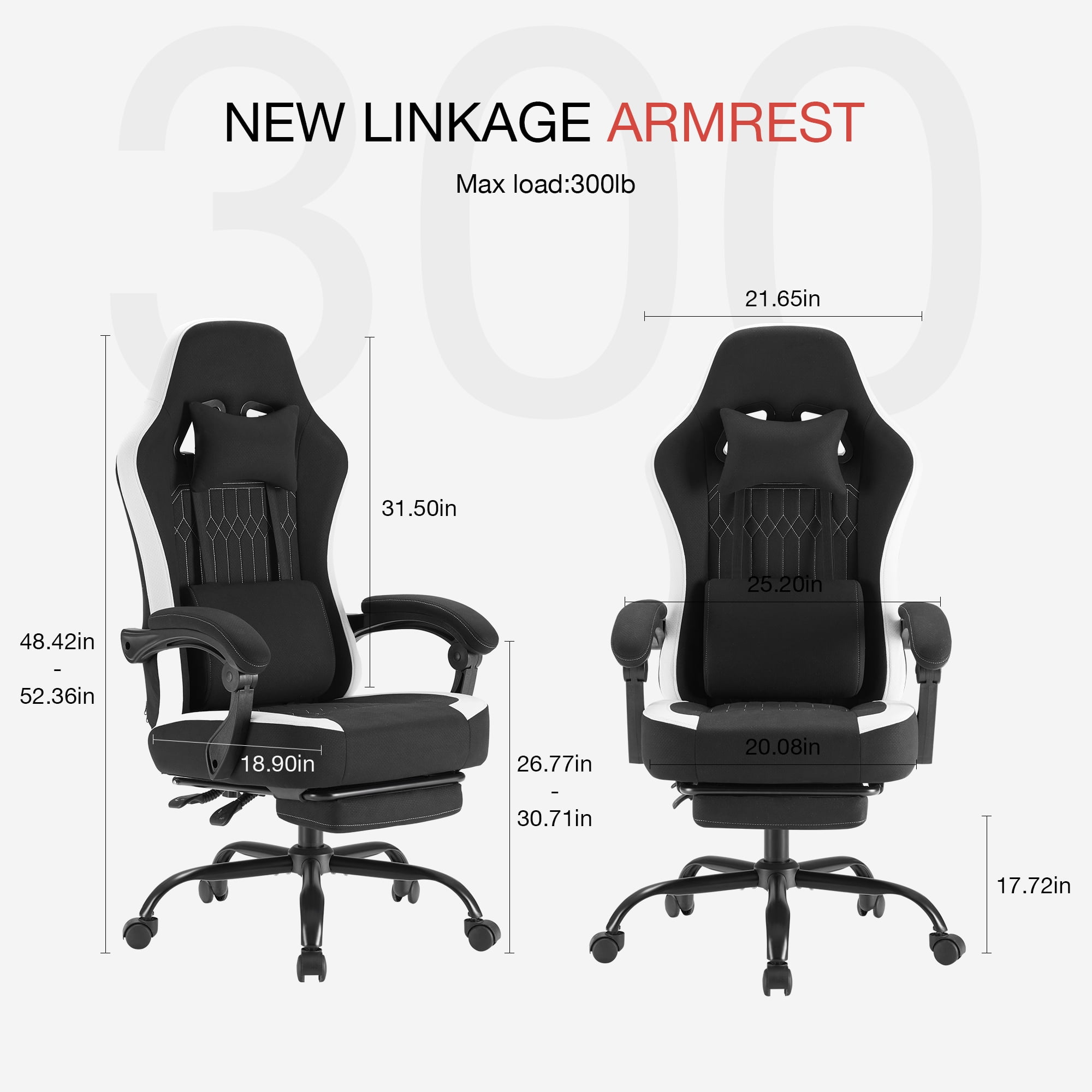 MCQ Computer Gaming Task Chair, High Back Ergonomic with Linkage Armrests, Footrest and Lumbar Support, 360° Swivel Wheels, Black