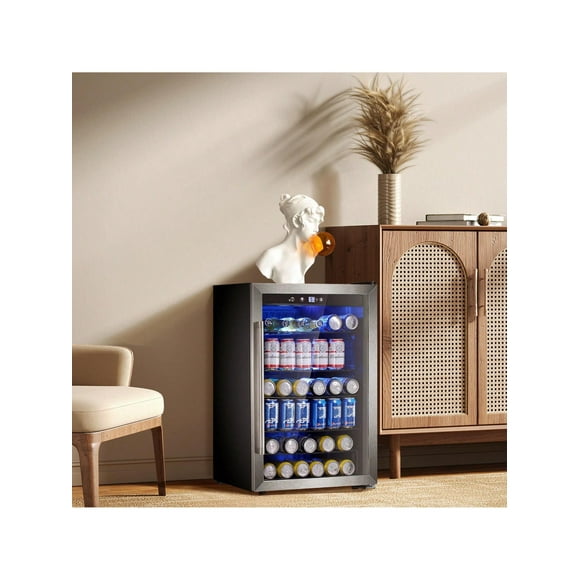 37 Bottles Beverage Refrigerator, Mini Fridge with Stainless Steel Glass Door, Freestanding Wine Cellar, Fast Cooling Bar Fridge, Digital Tempe