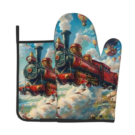 

Bingfone Beautiful Red Train Hot Air Balloon Print Oven Mitts Pot Holders Set 2 PCS for Kitchen for Cooking Grilling Baking BBQ Pot Holders Cook Essentials
