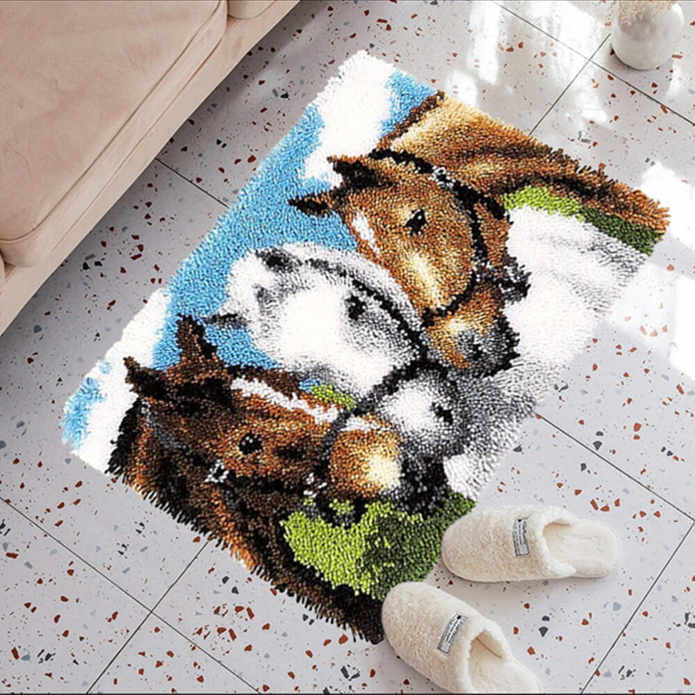 ShowNiceArt Rectangle Horses Pattern Latch Hook Rug Kit, DIY Embroidery Needlework for Adult & Kid Beginners, 16"×24"
