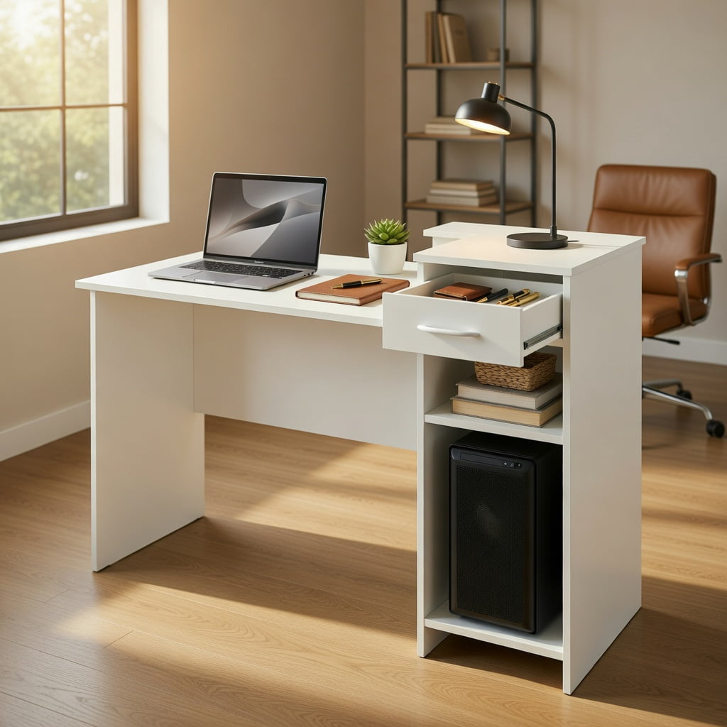 Yardi Yard Computer Desk Modern Laptop PC Desk with Adjustable Shelf and Cable Hole-White, Computer Desk, Gaming Computer Desks for Study,Working,Writing