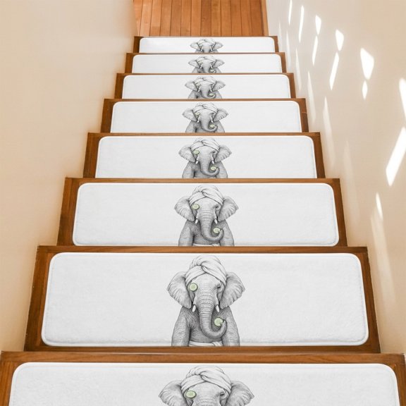 Grey Stair Treads Non Slip for Steps Funny Elephant with Bath Wrap Cucumber Slice Gray Modern 7 Pcs Reusable Adhesive Stair Runner Mats for Dogs Elders Treads Rugs for Staircase 8x30 In