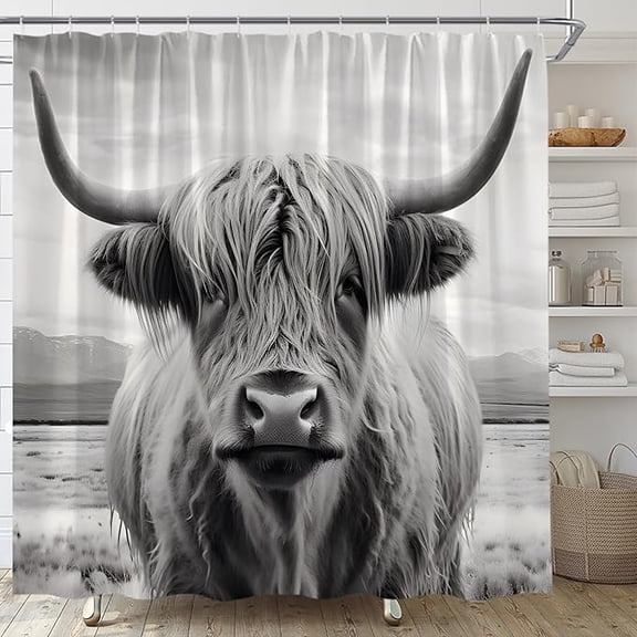 Highland Cow Shower Curtain Grey Rustic Cow Farm Farmhouse Animal Home Fabric Bathroom Decor Set Include Hooks 36"W x 72"L
