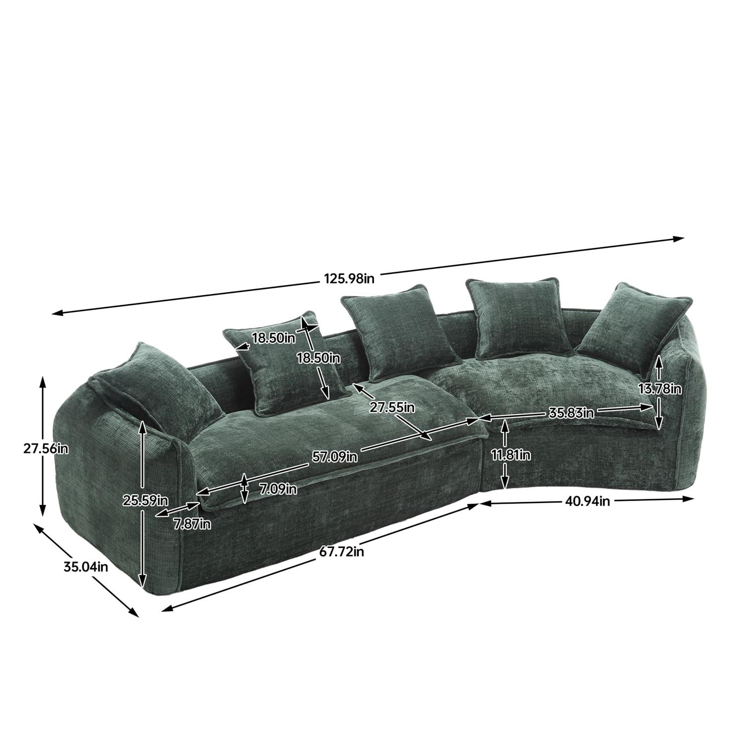 Demi Bonn 125" Modern Modular U-Shaped Sectional Sofa, Spacious 5-Seat Chenille Fabric Couch with Plush Pillows for Living Room, Minimalist Cloud-Style, Green