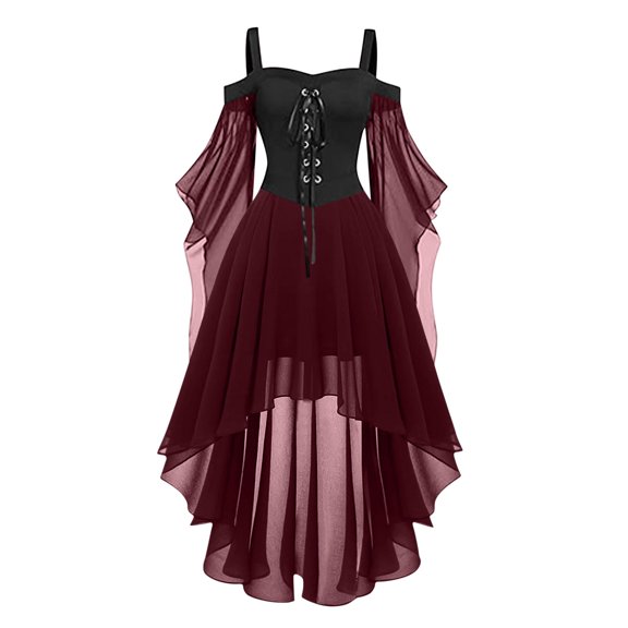 HNMKIU Halloween Clothes Dress Square Neck Lace Up Sleeve Full Skirt For Stage Performance And Gown Red,L