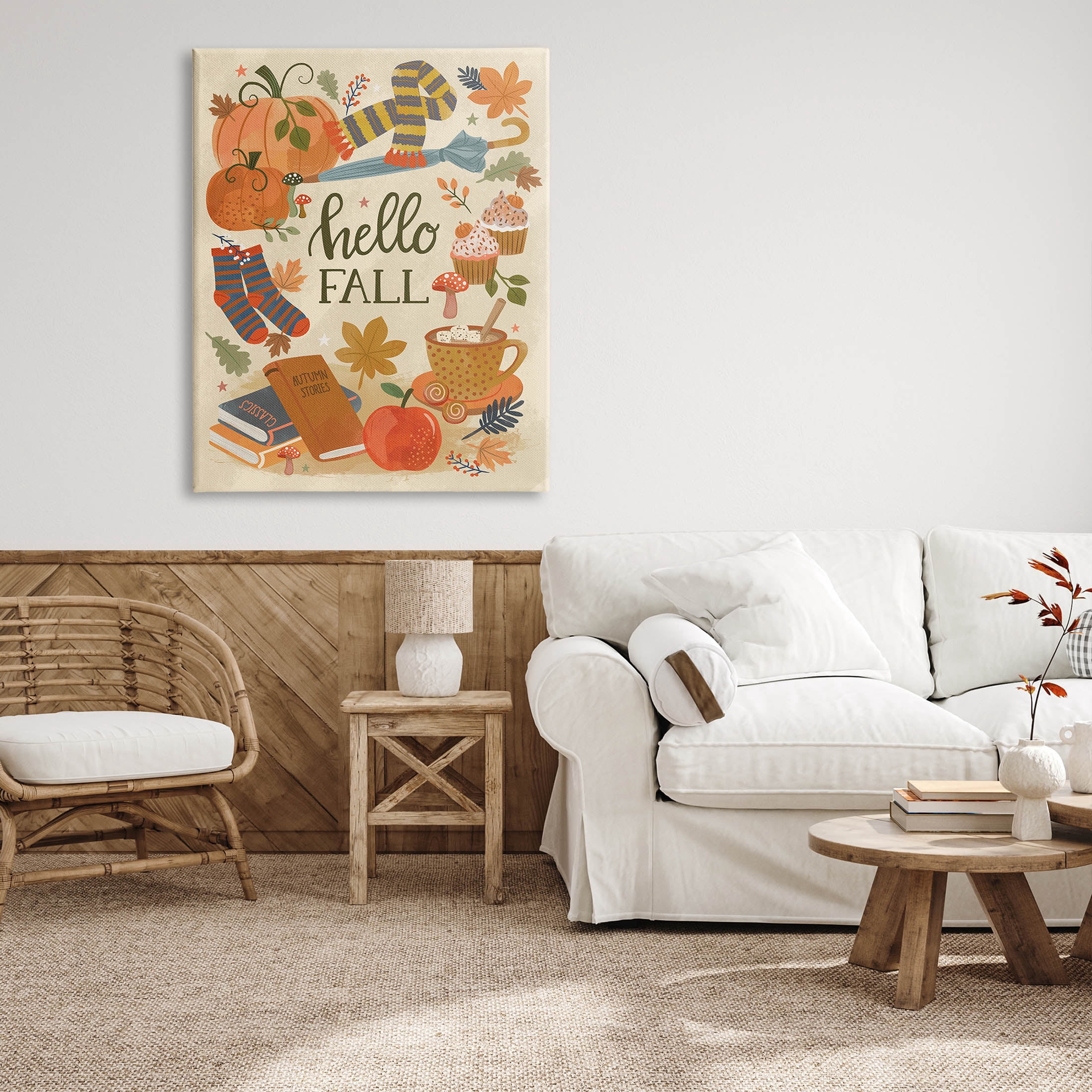 Hello Fall Cozy Autumn Items Holiday Graphic Art Gallery Wrapped Canvas Print Wall Art