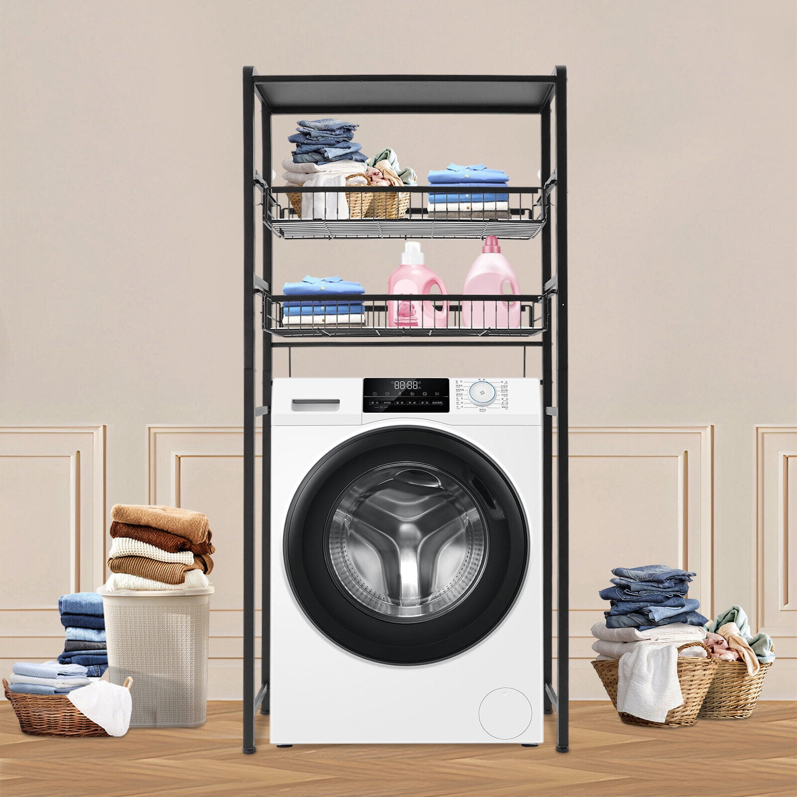 3-Tier Washing Machine Shelf, Over Washer and Dryer Shelves, Multi-Functional 3 Tier Storage Rack, Laundry Room Storage Shelf, Space Saving Organizer (Black)